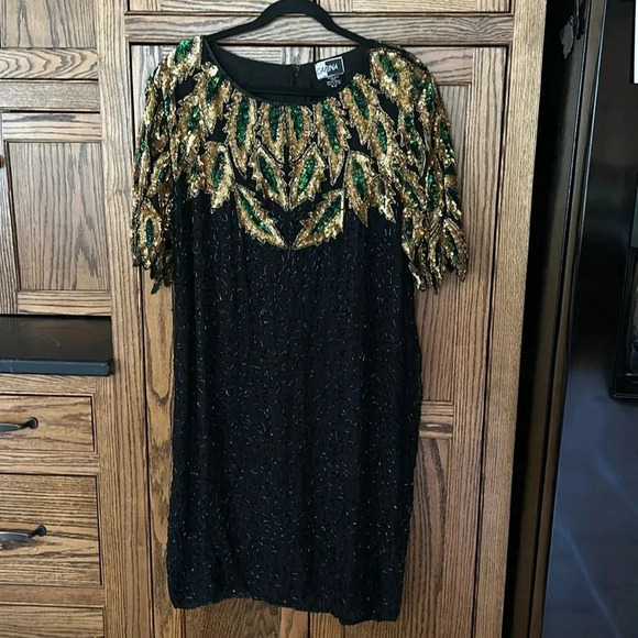 Vintage VTG 1980s 80s Carina Silk Black Green Gold Leaf Sequin Party Dress Sz 2X - Picture 1 of 9